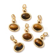 Natural Tiger Eye Pendants, Brass Oval Charms, Real 18K Gold Plated, 18x13x6mm, Hole: 4.5x3mm(KK-M270-45G)