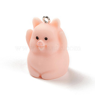 Opaque Resin Pendants, Cute Pig Charms, with Platinum Plated Iron Loops, Pig, 28x21x20.5mm, Hole: 2mm(RESI-K023-03B)
