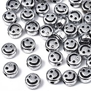 Acrylic Beads, Flat Round with Black Smiling Face, Silver Plated, 7x4mm, Hole: 1.8mm, about 3600~3700pcs/500g(MACR-N008-62S)
