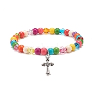 Synthetic Turquoise(Dyed) & Acrylic Beaded Stretch Bracelet with Alloy Charm for Women, Colorful, Cross Pattern, Pendant: 19x10.5x2mm, Inner Diameter: 2-1/8 inch(5.5cm)(BJEW-JB08627-01)