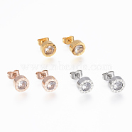 304 Stainless Steel Stud Earrings, with Cubic Zirconia, Flat Round Carved Roman Numberals, Mixed Color, 8x3.5mm, Pin: 0.8mm(EJEW-H349-06)