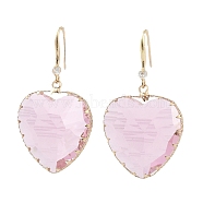 Glass Heart Dangle Earrings, Light Gold Brass Earrings, Pink, 49x28mm(EJEW-Q800-19A-KCG)
