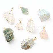 Rough Raw Natural Gemstone Pendants, Wire Wrapped Pendants, with Golden Plated Copper Wire, Nuggets, 34~61x25~30x10~36mm, Hole: 4~4.6mm(PALLOY-JF00506)
