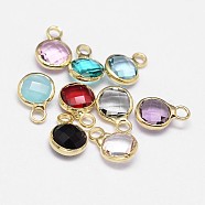 Glass Flat Round Charm, with Golden Plated Brass Findings, Faceted, Mixed Color, 9x6x3mm, Hole: 2mm(KK-L091-M)