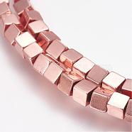 Grade AA Non-Magnetic Synthetic Hematite Bead Strands, Cube, Rose Gold Plated, 3x3x3mm, Hole: 1mm, about 125pcs/strand, 15.7 inch(40cm)(G-G652-22RG)