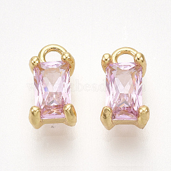 Brass Cubic Zirconia Charms, Rectangle, Nickel Free, Real 18K Gold Plated, Pearl Pink, 8x4x3mm, Hole: 1.2mm(X-KK-S350-367B)