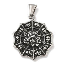 304 Stainless Steel Pendants, Spider Web with Skull Charm, Antique Silver, 39x33.5x5mm, Hole: 8.5x3mm.(STAS-Z097-12AS)