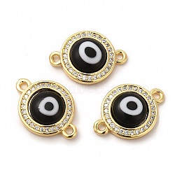 Rack Plating Real 18K Gold Plated Brass Micro Pave Clear Cubic Zirconia Connector Charms, Flat Round with Evil Eye Links, with Handmade Lampwork, Cadmium Free & Lead Free, Long-Lasting, Black, 18.5x13x4mm, Hole: 1.4mm(ZIRC-L102-04G-02)