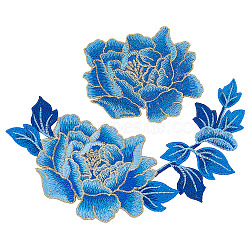 2Pcs 2 Style Peony Polyester Embroidery Sew on Clothing Patches, Flower Applique, Sewing Craft Decoration, Cornflower Blue, 90~215x113~182x1~1.5mm, 1pc/style(PATC-NB0001-11B)