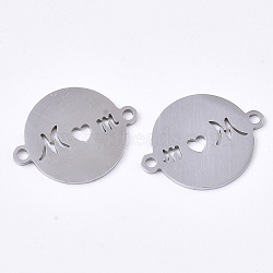 201 Stainless Steel Links connectors, Laser Cut Links, for Mother's Day, Flat Round with Word Mom, Stainless Steel Color, 20x15.5x1mm, Hole: 1.6mm(X-STAS-N091-27P)
