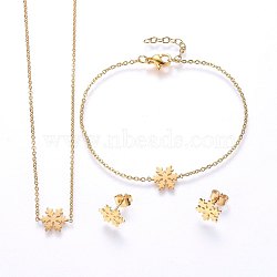 304 Stainless Steel Jewelry Sets, Pendant Necklaces & Stud Earrings & Bracelets, Snowflake, Golden, 16.54 inch(42cm), 7-1/8 inch(18cm), 10.5x9x1mm, Pin: 0.8mm(SJEW-H138-16G)