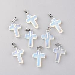 Synthetic Opalite Pendants, Dyed, with Brass Pinch Bails, Platinum Plated, Cross, 23.5~28x15~18x4mm, Hole: 3x6mm(G-J354-10)