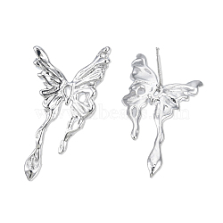 Brass Stud Earring Findings, for Half Drilled Beads, Cadmium Free & Nickel Free & Lead Free, Butterfly, Real Platinum Plated, 31.5x18mm, Pin: 0.7mm and 1mm(for half drilled bead)(KK-N232-429P-A)