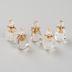 Faceted Natural Quartz Crystal Pendants, Rock Crystal Pendants, Openable Perfume Bottle, with Golden Tone Brass Findings, 32~33x17~18x16mm, Hole: 2mm, capacity: 1ml(0.03 fl. oz)(G-H252-B07)