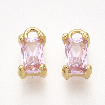 Brass Cubic Zirconia Charms, Rectangle, Nickel Free, Real 18K Gold Plated, Pearl Pink, 8x4x3mm, Hole: 1.2mm