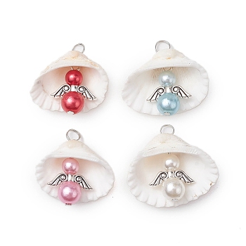 Natural Shell Pendants, Imitation Pearl Acrylic Angel Charms with Tibetan Style Alloy Wings, Antique Silver, Mixed Color, 24~26x26.5~30x12~17mm, Hole: 4mm