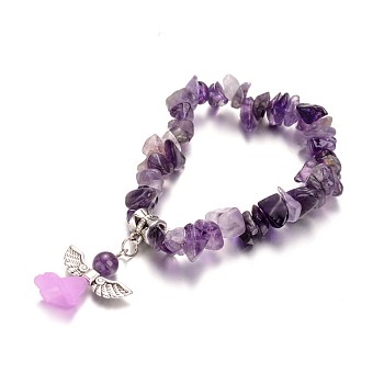 Natural Amethyst Kids Bracelets, with Acrylic Bead and Antique Silver Alloy Findings, Lovely Wedding Dress Angel Dangle, 39mm
