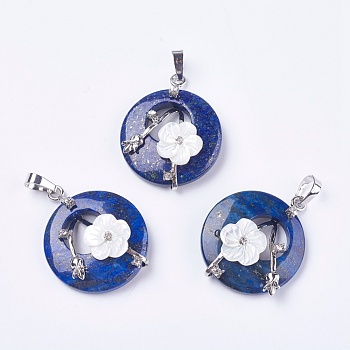 Natural Lapis Lazuli Pendants, with Shell, Rhinestone and Platinum Tone Brass Findings, Flat Round with Flower, 35.5~36x28x8mm, Hole: 5x8mm