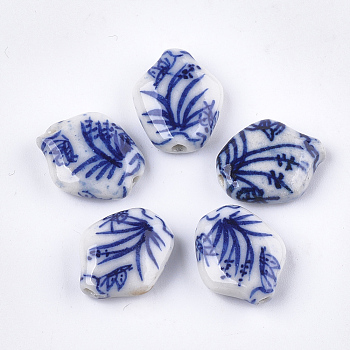 Handmade Porcelain Beads, Blue and White Porcelain, Grass, Blue, 18x15x6mm, Hole: 1.6mm