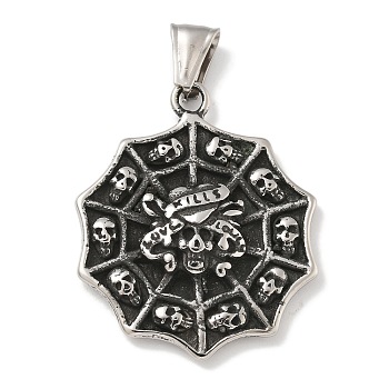 304 Stainless Steel Pendants, Spider Web with Skull Charm, Antique Silver, 39x33.5x5mm, Hole: 8.5x3mm.