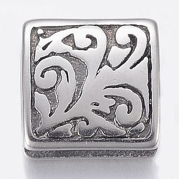 304 Stainless Steel Slide Charms, Square, Antique Silver, 10x10x4mm, Hole: 2.5x6.5mm