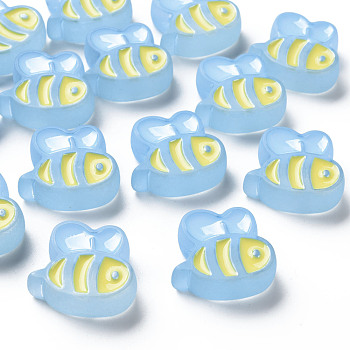 Transparent Acrylic Beads, with Enamel, Frosted, Bee, Light Sky Blue, 23.5x26x9mm, Hole: 3mm
