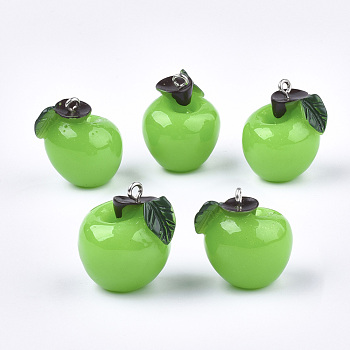 Resin Pendants, with Platinum Tone Iron Findings, Imitation Food, Apple, Lime Green, 23~27x21~22x19~20mm, Hole: 2mm