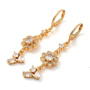 Rack Plating Golden Brass Dangle Leverback Earrings, with Cubic Zirconia, Flower, Clear, 48x10.5mm