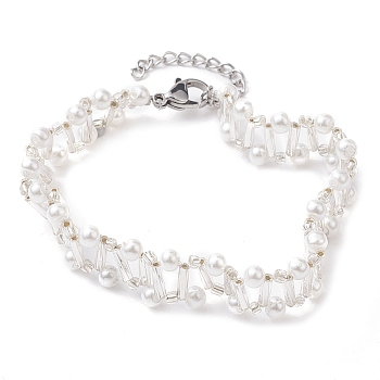 Imitated Pearl Acrylic & Glass Beaded Bracelets with 304 Stainless Steel Lobster Claw Clasps for Women, Silver, 6-3/4 inch(17cm)