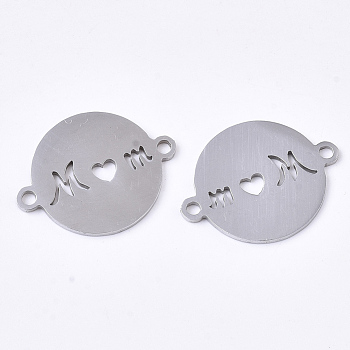 201 Stainless Steel Links connectors, Laser Cut Links, for Mother's Day, Flat Round with Word Mom, Stainless Steel Color, 20x15.5x1mm, Hole: 1.6mm