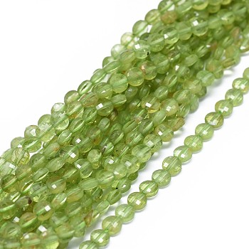 Natural Peridot Beads Strands, Faceted, Flat Round, 3.5~4x2~3mm, Hole: 0.6mm, about 102~110pcs/strand, 15.35~15.51 inch(39~39.4cm)