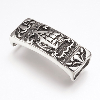316 Surgical Stainless Steel Slide Charms, Rectangle with Boat, Antique Silver, 39.5x16x10mm, Hole: 6.5x12.5mm