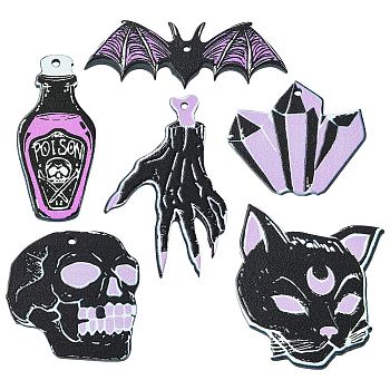 12Pcs 6 Styles Halloween Acrylic Pendants, for DIY Earring Findings, Hand Skeleton & Skull & Bat, Black, 17.5~47x19.5~36x2~2.5mm, Hole: 1.8mm, 2pcs/style