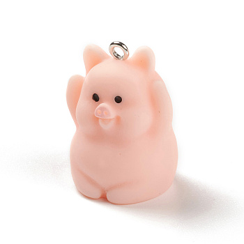 Opaque Resin Pendants, Cute Pig Charms, with Platinum Plated Iron Loops, Pig, 28x21x20.5mm, Hole: 2mm
