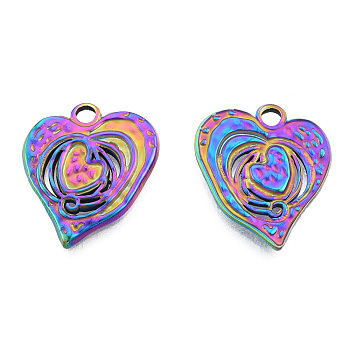 Ion Plating(IP) 201 Stainless Steel Pendants, Heart, Rainbow Color, 21x18.5x2mm, Hole: 2.5mm