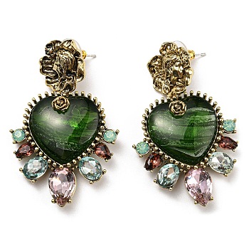Green Glass Dangle Stud Earrings, Antique Golden Alloy Earrings with 925 Sterling Silver Pins, Heart, 52x33mm