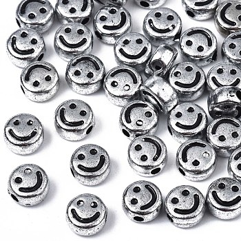 Acrylic Beads, Flat Round with Black Smiling Face, Silver Plated, 7x4mm, Hole: 1.8mm, about 3600~3700pcs/500g