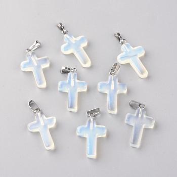 Synthetic Opalite Pendants, Dyed, with Brass Pinch Bails, Platinum Plated, Cross, 23.5~28x15~18x4mm, Hole: 3x6mm