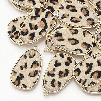 Eco-Friendly Cowhide Leather Pendants, with Golden Plated Alloy Cabochon Settings, teardrop, with Leopard Print Pattern, PeachPuff, 35x21x2~3mm, Hole: 1.8mm