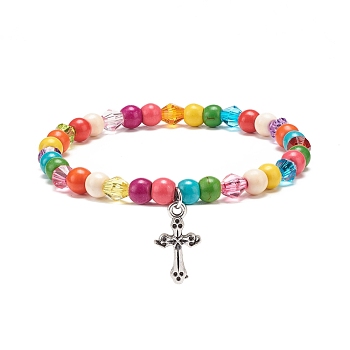 Synthetic Turquoise(Dyed) & Acrylic Beaded Stretch Bracelet with Alloy Charm for Women, Colorful, Cross Pattern, Pendant: 19x10.5x2mm, Inner Diameter: 2-1/8 inch(5.5cm)