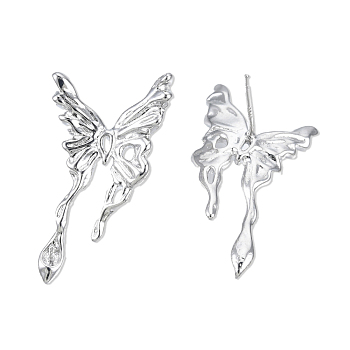 Brass Stud Earring Findings, for Half Drilled Beads, Cadmium Free & Nickel Free & Lead Free, Butterfly, Real Platinum Plated, 31.5x18mm, Pin: 0.7mm and 1mm(for half drilled bead)