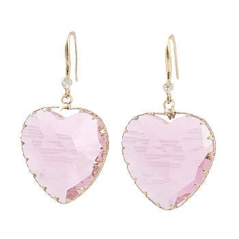 Glass Heart Dangle Earrings, Light Gold Brass Earrings, Pink, 49x28mm