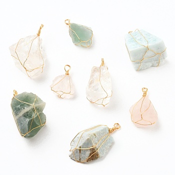 Rough Raw Natural Gemstone Pendants, Wire Wrapped Pendants, with Golden Plated Copper Wire, Nuggets, 34~61x25~30x10~36mm, Hole: 4~4.6mm