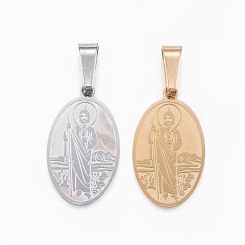 304 Stainless Steel Pendants, Flat Oval with Saint Jude, Mixed Color, 22x13x1mm, Hole: 8x4mm