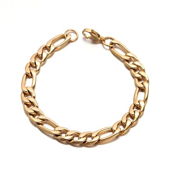 Boy's 304 Stainless Steel Mother-Son Figaro Chain Bracelets, with Lobster Claw Clasp, Faceted, Golden, 210x8.5mm