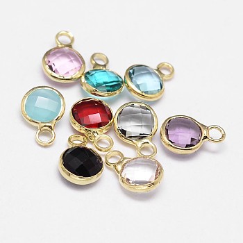 Glass Flat Round Charm, with Golden Plated Brass Findings, Faceted, Mixed Color, 9x6x3mm, Hole: 2mm