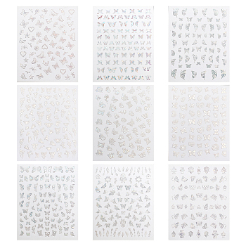 9 Sheets 9 Colors Laser Silver Nail Decals Stickers, Self-adhesive Nail Art Supplies, for Woman Girls DIY Nail Art Design, Butterfly Pattern, Clear AB, 10.2x8x0.02cm, Sticker: 4~13x3~12mm, 1 sheet/style