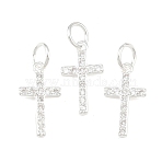 925 Sterling Silver Pave Clear Cubic Zirconia Cross Charms, with Jump Rings, Silver, 13x7.5x1mm, Hole: 3mm(STER-A049-06S)