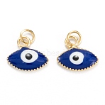 Brass Enamel Pendants, Cadmium Free & Lead Free, Real 18K Gold Plated, Long-Lasting Plated, Evil Eye, Dark Blue, 10x11x2mm, Hole: 2.6mm(KK-M220-03G-G)