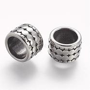 304 Stainless Steel Beads, Column, Large Hole Beads, Antique Silver, 12x8mm, Hole: 8mm(STAS-A032-079AS)